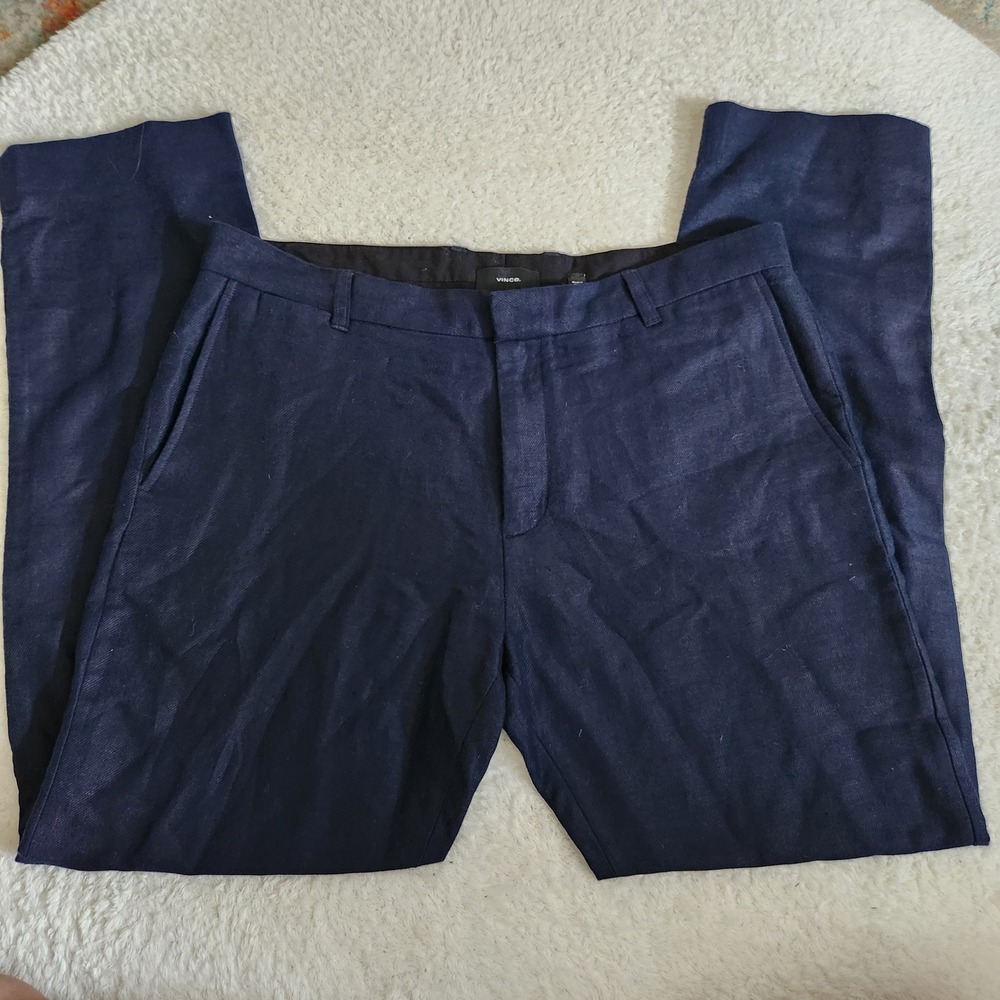 Vince Griffith Slim Fit Linen Cotton Blend Trousers Navy Blue Mens 36 Dress Pant